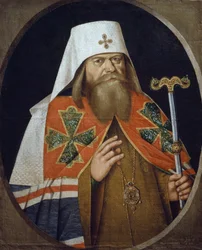 Porträtt av Hadrianus (1627-1700), ortodox ärkebiskop Patriark av Moskva, målning av anonym författare från 1600-talet