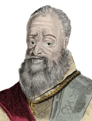 Porträtt av Henri Percy (Henry Percy) (1564-1632), 9:e earlen av Northumberland, med smeknamnet Trollkarlen, fängslad för sitt deltagande i Powder Conspiracy (1605). Gravyr av 1800-talet.