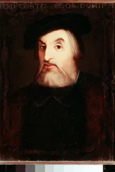Porträtt av Hernan CORTES (1485-1547), spansk conquistador av Mexiko. Anonym målning. Madrid, Nationalbiblioteket.