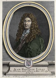 Porträtt av Jean Baptiste Lully (Giovanni Battista Lulli) (1632-1687), fransk kompositör av italienskt ursprung. Gravyr av 1800-talet.