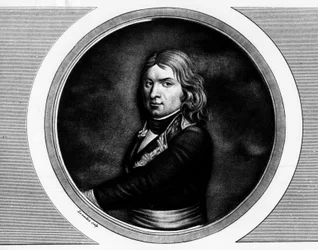 Porträtt av Jean Etienne Championet, general francais (1762-1800). Gravyr i "" Komplett samling av historiska målningar från den franska revolutionen, i tre volymer.""" 1804.