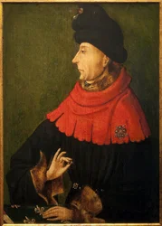 Porträtt av Jean Sans peur, hertig av Bourgogne (1371-1419). Ringen som han håller i sin hand är rubinen från Bourgogne som köptes av Filip den hårde 1397, som bevarades i klostret Saint Benigne i Dijon och överlämnades av abbeden till varje ny hertig