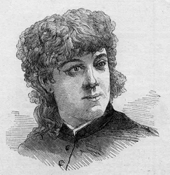 Porträtt av Jeanne Samary (1857-1890), fransk komiker, medlem av Comedie Francaise. Gravyr i "" Le Monde Illustré"" nr 1168 av 16 augusti 1879.