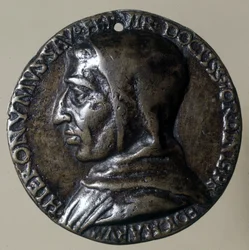 Porträtt av Jerome Savonarola eller Girolamo Savonarola (1452 - 1498), italiensk predikant. Han etablerade en teokratisk regim i Florens. Tidens medaljong.