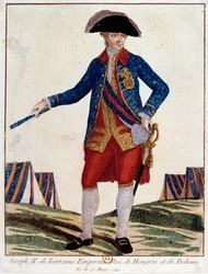 Porträtt av Josef II av Lorraine (1741 - 1790), kejsare av det heliga germanska riket, kejsare av Österrike, kung av Ungern av Boheme. Gravyr av 1700-talet. Paris, Musée Carnavalet