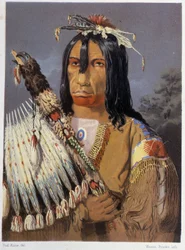 Porträtt av Kee-Ake-Saa-Ka-Wow med kalumet - i "" Wandering of an artist among the indians of north america"" av Paul Kane, Longmans & Roberts, London