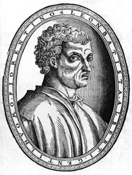 Porträtt av Léon Battista Alberti (1404 - 1472), italiensk humanist och arkitekt, sd gravyr.