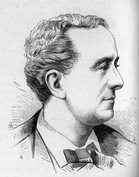 Porträtt av Louis Delaunay (1826-1903), fransk komiker, medlem av Comedie Francaise. Gravyr i "" Le Monde Illustré"" nr 1168 av 16 augusti 1879.