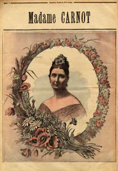 Porträtt av Madame Cecile Dupont-White (1841-1898), gifte sig 1863 med Sadi Carnot (1837-1894) med franska republikens president från 1887 till 1994. Gravyr i "" Le petit journal illustrious"" 1890-11-29. Selvas samling.