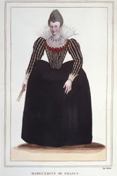 Porträtt av Margareta av Valois, känd som drottning Margot (1553 - 1615), drottning av Navarra, Henrik IV:s första fru. gravyr från 1830