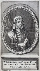 Porträtt av Margarita av Parma (eller Margarita av Österrike) (1522-1586), hertiginna av Parma och Piacenza, naturlig dotter till Karl V (1500-1558) och guvernant i Nederländerna (Nederländerna) från 1559-1581. Gravyr för att illustrera "History of the War