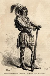 Porträtt av Osceola (1804-1838), seminolernas ledare, i spetsen för det indianska motståndet mot USA under Floridakriget (1835-1842). Gravyr som illustration till berättelsen Fyra månader i Florida av Achille Pousselgue från 1851-1852, publicerad