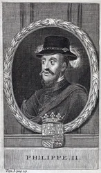 Porträtt av Filip II av Spanien (Felipe) (1527-1598), kung av Spanien och Portugal. Gravyr för att illustrera "History of the War of Flanders", av Flamianus Strada, upplagan Joseph T