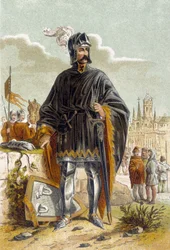 Porträtt av Philip van Artevelde (1340-1382), flamländsk politiker och ledare för vävarnas uppror i Gent mot greve Ludvig II av Flandern, känd som Ludvig av Male eller Maele (1381). Han besegrades och dödades i slaget vid Roosebeke (1382). Kromolitografi