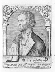 Porträtt av Philip Melanchthon (Melanchthon) (1497 - 1560), tysk religiös reformator. Gravyr.