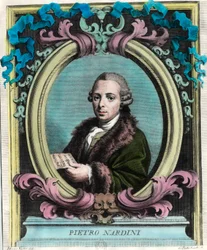Porträtt av Pietro Nardini (1722 - 1793), italiensk violinist och kompositör. Gravyr av 1700-talet. Privat samling.