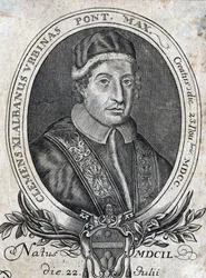 Porträtt av påven Clemens XI (Gianfrancesco Albani) (1649 - 1721), 241:e påven. 1700-talsgravyr