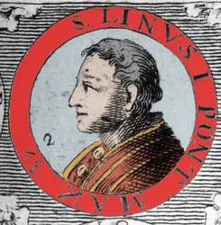 Porträtt av påven Lin (Linus, San Lino) eveque av Rom och efterträdare till Peter. 1:a århundradet. Gravyr från 1800-talet.