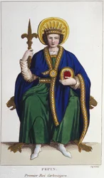 Porträtt av Pépin le Brief (v. 714 - 768), frankernas kung, första karolinergravyr från 1830
