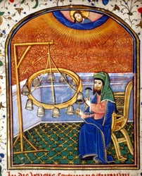 Porträtt av Pythagoras (ca 570 - cirka 480 f.Kr.), grekisk matematiker och filosof, som spelar ett slaginstrument (klockor), miniatyr från 1400-talet.