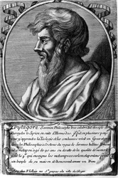 Porträtt av Pythagoras (ca 570 - ca 480 f.Kr.), grekisk matematiker och filosof. Gravyr av 1700-talet