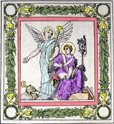 Porträtt av Saint Gregory Bishop of Tours (538 - 594) som skriver Frankrikes historia.