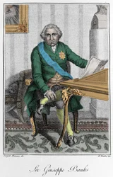 Porträtt av Sir Joseph Banks (1743-1820), engelsk upptäcktsresande och naturforskare. Färggravyr