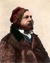 Porträtt av Theophile Gautier (1811 - 1872), fransk poet, romanförfattare och konstkritiker. Gravyr av 1800-talet. Privat samling.