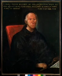 Porträtt av fadern Angelo Tommaso Predieri (1655-1731) italiensk kompositör och lärare Anonym målning. 1700-talets Bologna, civico museo musicale