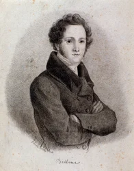 Porträtt av den italienske kompositören Vincenzo Bellini (gravyr. 1800-talet)