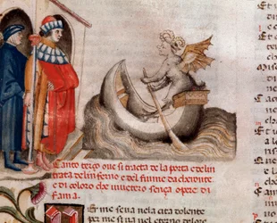 Porträtt av den italienska poeten Dante Alighieri tittar på Charon sin båt som korsar Acheron med själarna (sång 3 från helvetet, i den gudomliga komedin) - miniatyr 1400-talet
