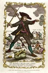 Porträtt av den franske briganden Louis Mandrin (ca 1725-1755). Bakom honom Autuns agerande och Baunes kamp. Gravyr av 1700-talet. Privat samling