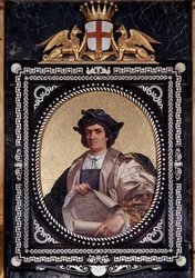 Porträtt av den italienske navigatören Christopher Columbus (Christopher Columbus, Cristoforo Colombo, Cristobal Colon) (1451-1506) Mosaique