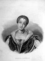 Porträtt av den venetianska Bianca Cappello (1548 - 1587), fru till François de Medici. Gravyr av 1800-talet.
