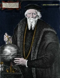 Porträtt av navigatören Sebastiano Caboto (Sebastien Cabot) (1476 - 1557), som tillsammans med sin far upptäckte Labrador och Newfoundland. Gravyr.