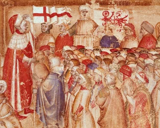 Presentation av militärflaggan till en prins av familjen Carraresi, herrar i staden Padua Miniature från "Chronica Carrariensibus"" (Krönikor om familjen Carraresi) 1300-talets Biblioteca Capitolare, Padua