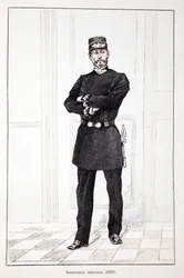 Överinspektör (1894). Etsning i färger, för illustration "" History of the Corps of Peacekeepers""" bok publicerad under beskydd av Louis Lepine (1846-1933), prefekt för polisen på Seine, av Alfred Rey (1864-?) och Louis Feron (1862) -?)