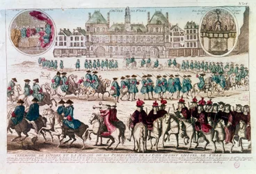 Procession med anledning av fredsutgivningsceremonin framför Rådhuset (Place de Greve). Gravyr av 1700-talet B.N. Paris