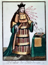 Yrke: "" läkarens klänning"" En man som bär böckerna från Galien, Avicenna (Avicenna) som betecknar ett bassäng som innehåller en vätska, ett recept och citerar behandlingar. Gravyr av 1700-talets Paris, Musee Carnavalet