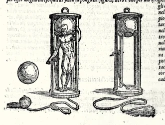 Projekt av Nicoli Fontanas första scaphander känd som Tartaglia (1499 - 1557) 1551. Gravyr från 1500-talet.