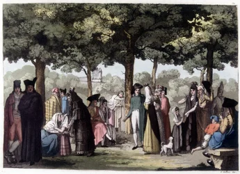 Promenad av esplanaden i Barcelona. 1800-tals litografi.