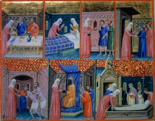 Psalm 88: Kärlek. Kvinna som serverar två fattiga vid bordet, besöker en sjuk person, dricker två fångar, välkomnar resenärer, ger kläder, köper fångar och begraver en död man. Miniatyr i "" Psalter of Canterbury"" (f.156v), v.1200-1250. BN,