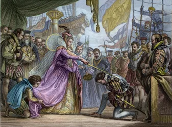 Drottning Elizabeth I (1530-1603) riddar Francis Drake (1540-96) - Mjukning av Francis Drake (1540-1596)