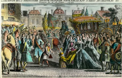 Mottagande av Spaniens spädbarn Marie Anne Victoire (1718-1781) av kung Ludvig XV i Paris vid Louvren den 2 mars 1722. Mariana Victoria de Borbon förlovades vid 3 års ålder med Ludvig XV vid 11 års ålder. 1700-talet. Privat samling