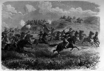 Red Skin Riders attackerar en flit på prärien. Gravyr i "Le journal de la jeunesse""