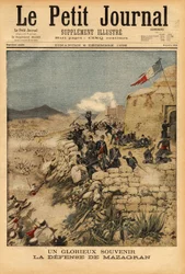Till minne av försvaret av Mazagran, strid från 3 till 6 februari 1840, mot armén på mer än 10 000 man som fördes av Abd el Kader, vann kapten Lelievres franska bataljon seger. Gravyr i "" Le petit journal"" 1896-12-06. Selvas samling.