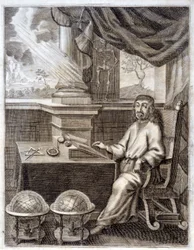 René Descartes (1596 - 1650) på sitt kontor med vetenskaplig utrustning. Gravyr av 1600-talet.