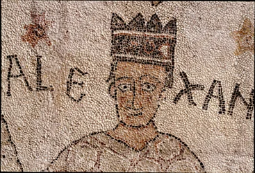 Representation av Alexander den store (356-323 f.Kr.), kung av Macedoine och erövrare av Persien, omgav den indiska faunan under erövringen av Indien. Trottoar av Pantaleone (eller Pantaleon