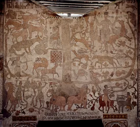 Representation av Alexander den store (356-323 f.Kr.), kung av Macedoine och erövrare av Persien, omger den indiska faunan under erövringen av Indien till höger, till vänster Diana jagar rådjur och brottare, kristna symboler. Trottoar av Pantaleone (eller 