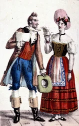Representation av Dulcamare och Alina (framförd av Frezzolini respektive Heinefetter) i operan "Elixir d